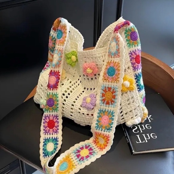 Crochet Flower Shoulder Bag, Knitted Crochet Bag, Granny Square Handbag - Picture 2 of 4